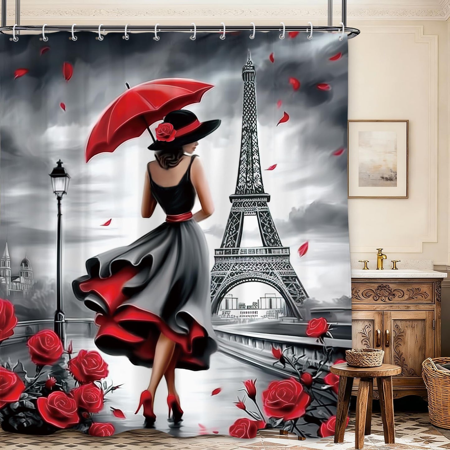 Glioown Black Red Paris Eiffel Tower Shower Curtain 60Wx71L, Elegant Lady Romantic Shower Curtains for Bathroom, Rose Scenery Shower Curtain Set 12 Pack Hooks