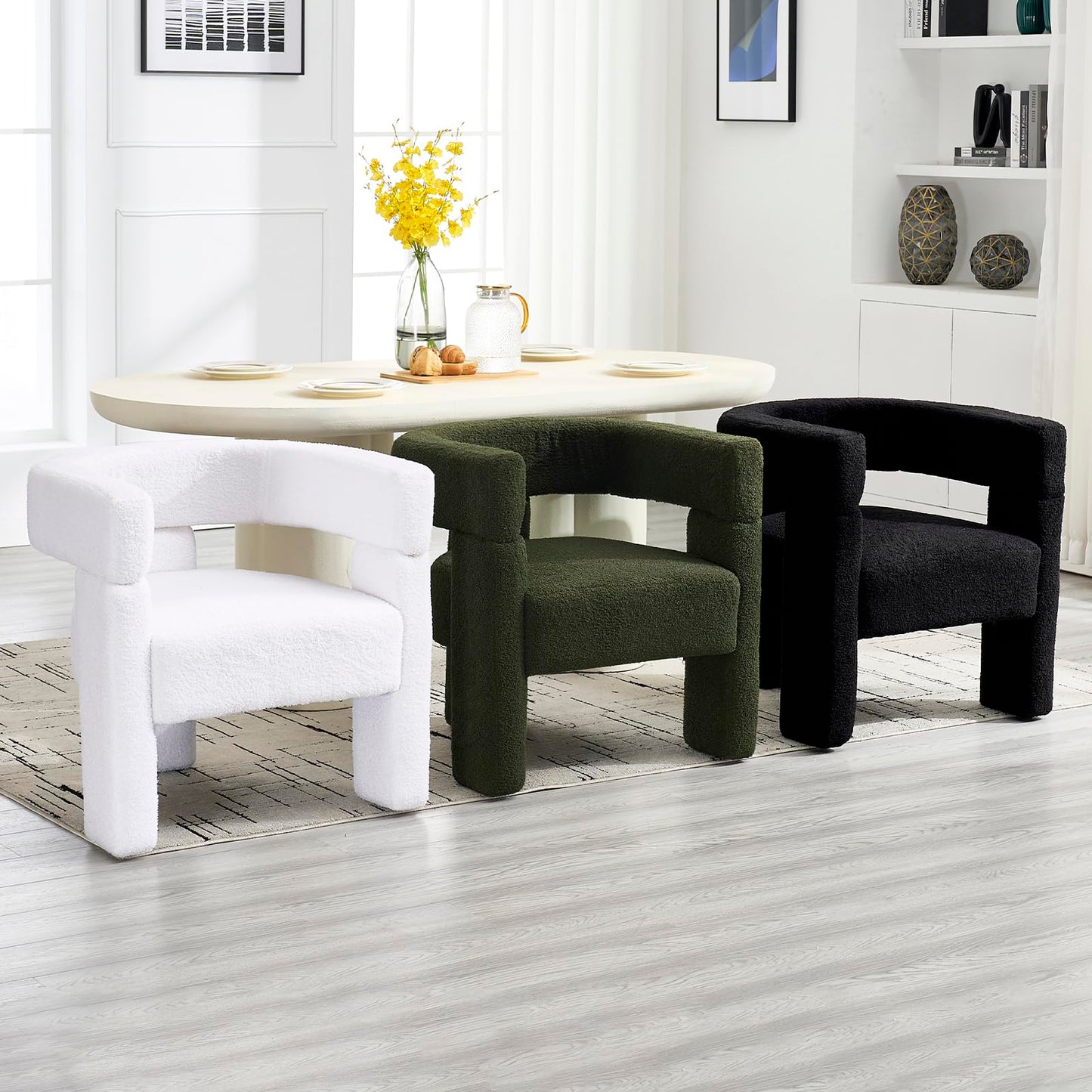 KHISCHMO Sherpa Boucle Accent Chair, Mid Century Modern Dining Room Chair, Comfy Upholstered Side Armchair Cute Barrel Side Chairs with 3 Legs for Bedroom/Kitchen/Living/Balcony/Reception,Black