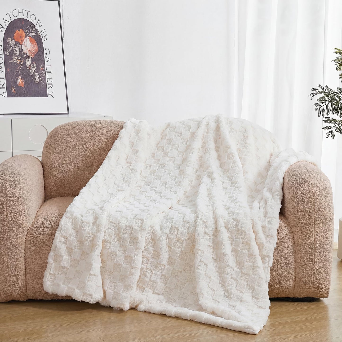 Luxury 3D Square Grid Faux Fur Throw Blanket – Reversible Soft Teddy Velvet & Flannel – Thick Warm Fuzzy Plush Blankets for Couch, Bed & Sofa – Machine Washable Gift for Women Throw 50x60 inches