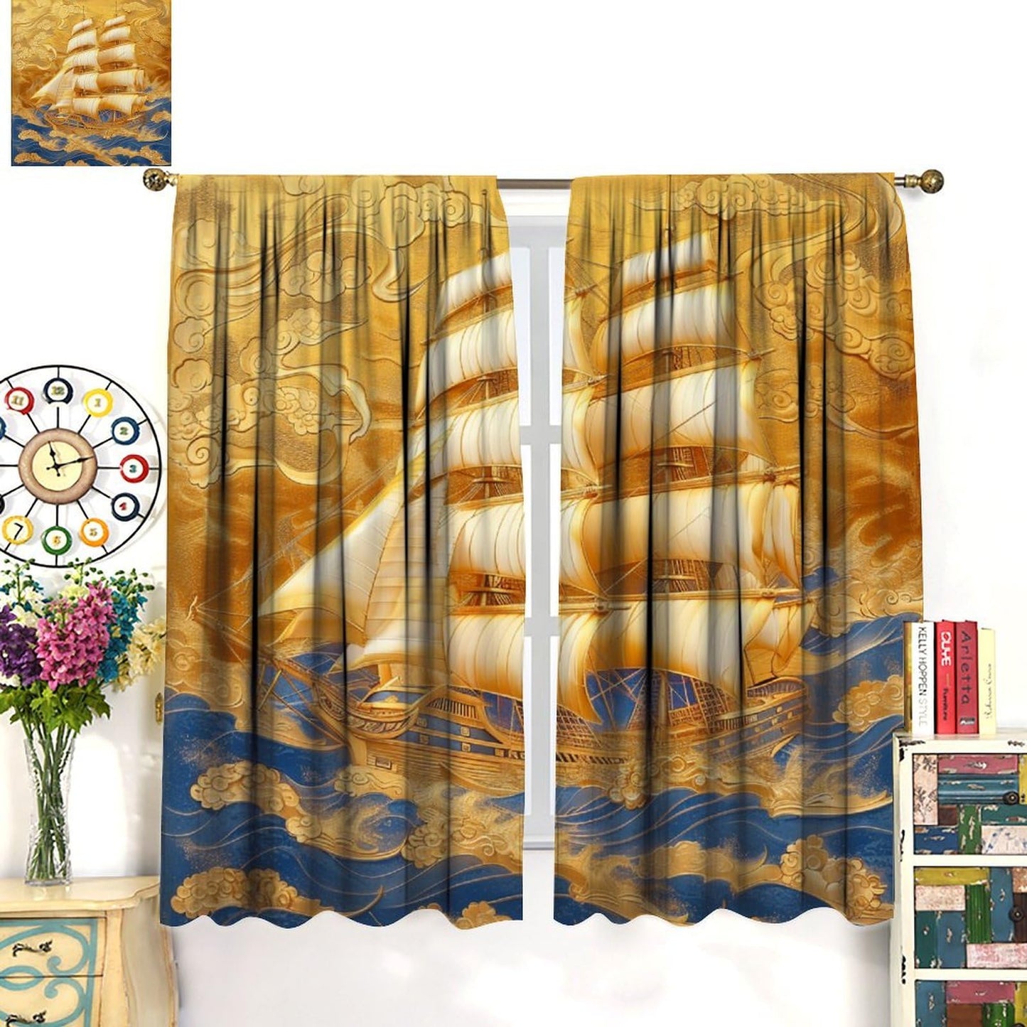 TOWINSFB Classic Chinese Style Sailboat Blackout Curtains for Living Room Bedroom, Luxury Golden Ship Ocean Window Curtains Rod Pocket Thermal Insulated Window Drapes, 2 Panels, Each 21W x 45L