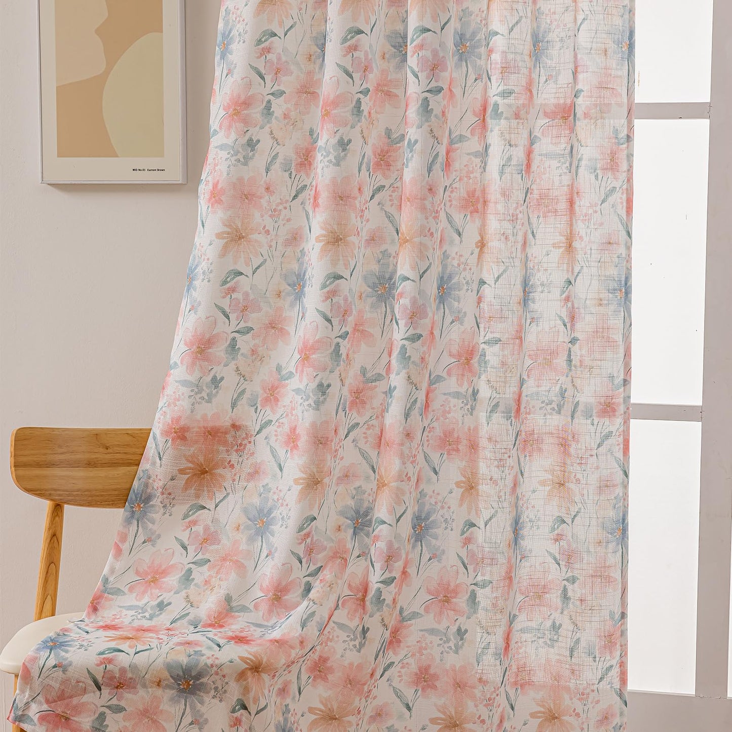 SUOUO Red Floral Semi Sheer Curtains Linen Textured for Living Room 84 inches Long Rod Pocket Print Grey Blue Leaf Window Drapes for Bedroom 2 Panels