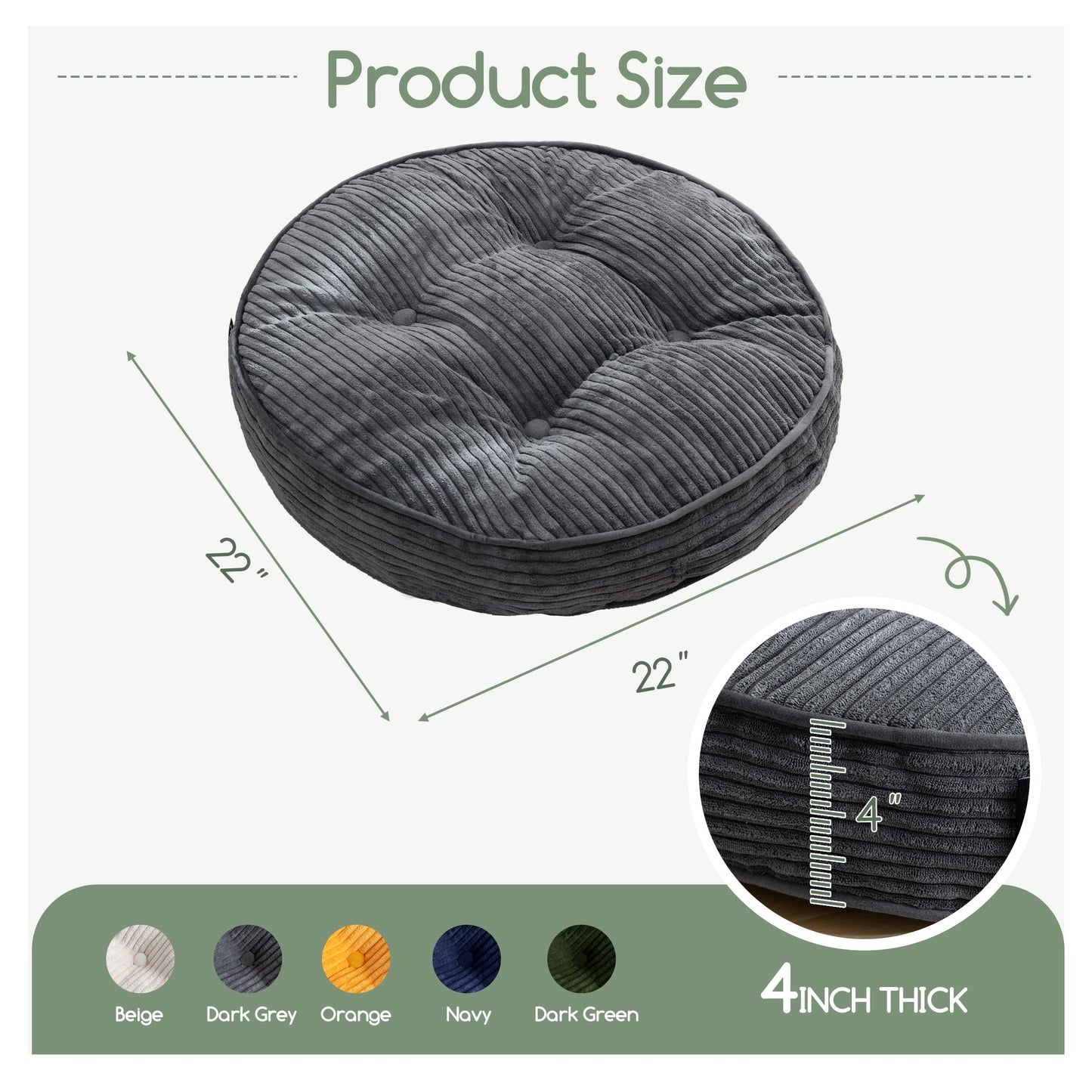 HIGOGOGO Floor Pillow Cushion for Adults, Meditation Cushion Pillow, Large Round Floor Sitting, Removable Tufted Corduroy Cover, for Tatami Living Room or Yoga, 22x22 Inch, Dark Grey