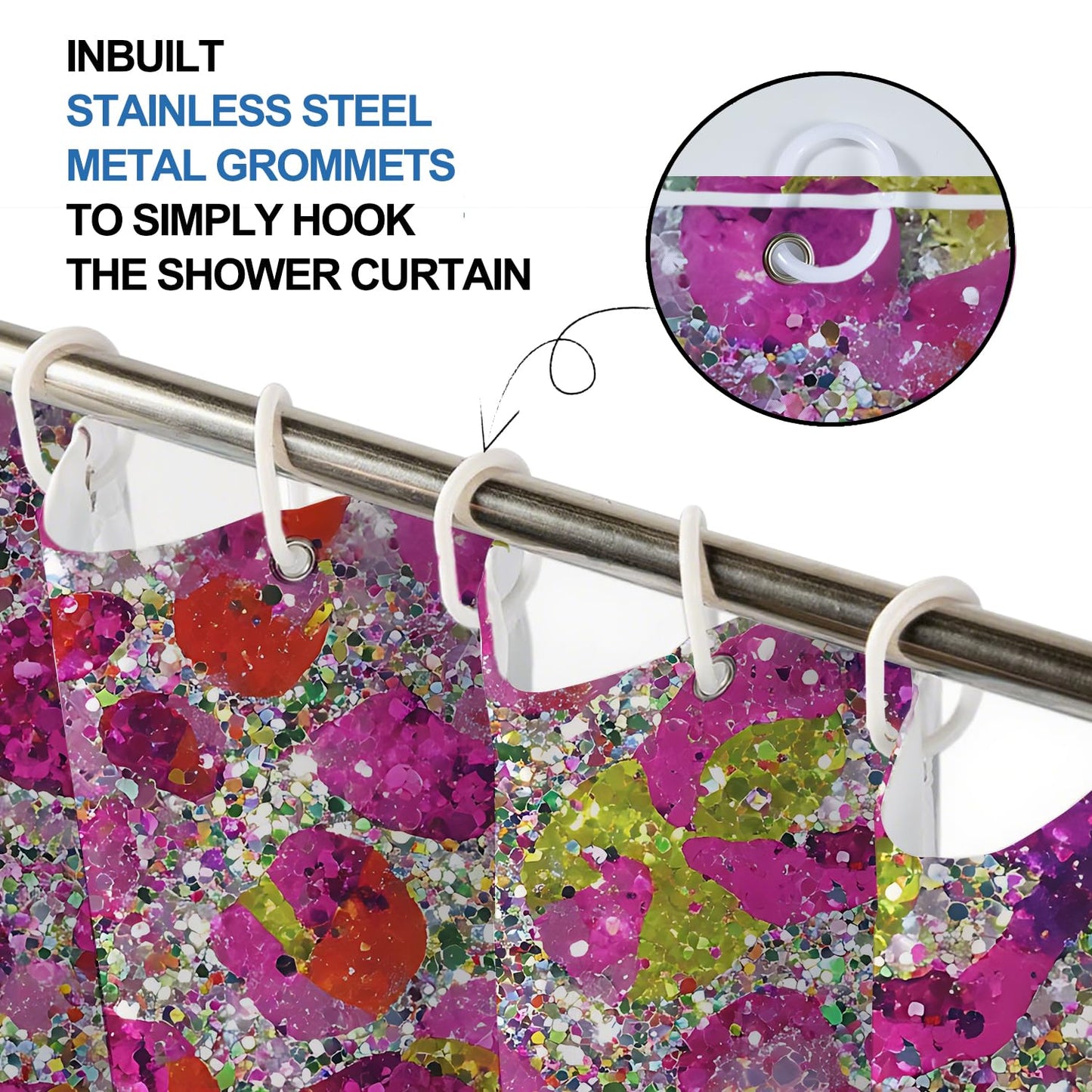THISFIND Shower Curtain, Sparkly Glitter Floral with Silver Sequins Machine Washable Waterproof Fabric for Bathroom Decor Bathtub with 12 Hooks 72x72