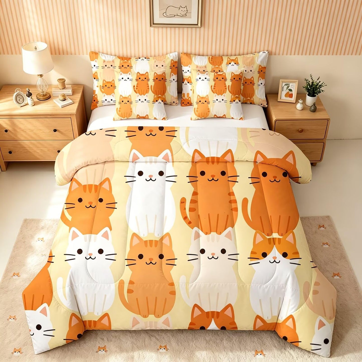 FUYEUN 7 Piece Cartoon Cute Cats Full Size Comforter Set for Girls Kids