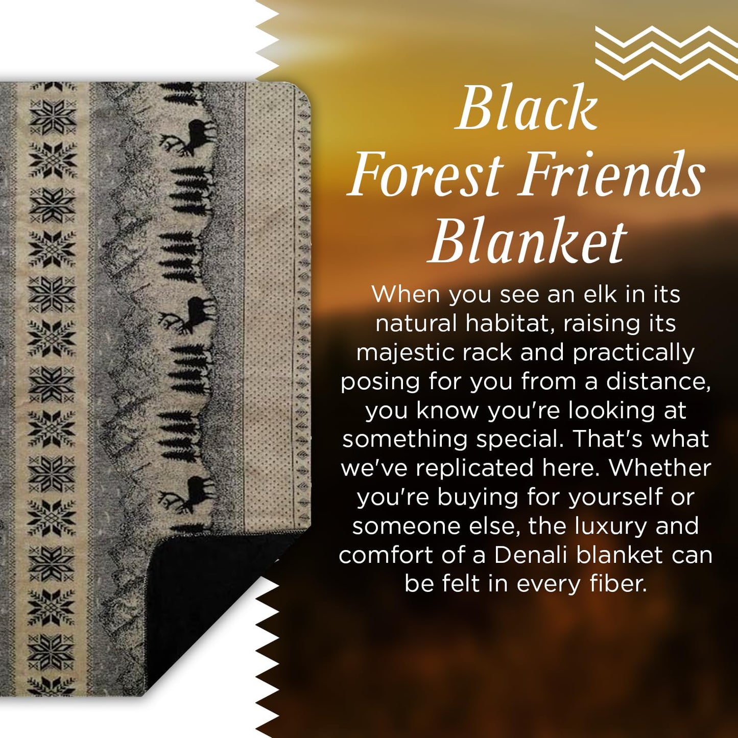 Denali Ultimate Comfort Rustic Throw Blanket w/Lightweight Microplush Acrylic, Super-Soft Fabric, American Made Hand-Stitched, Washable & Dryable - Black Forest Friends Design (60x70)