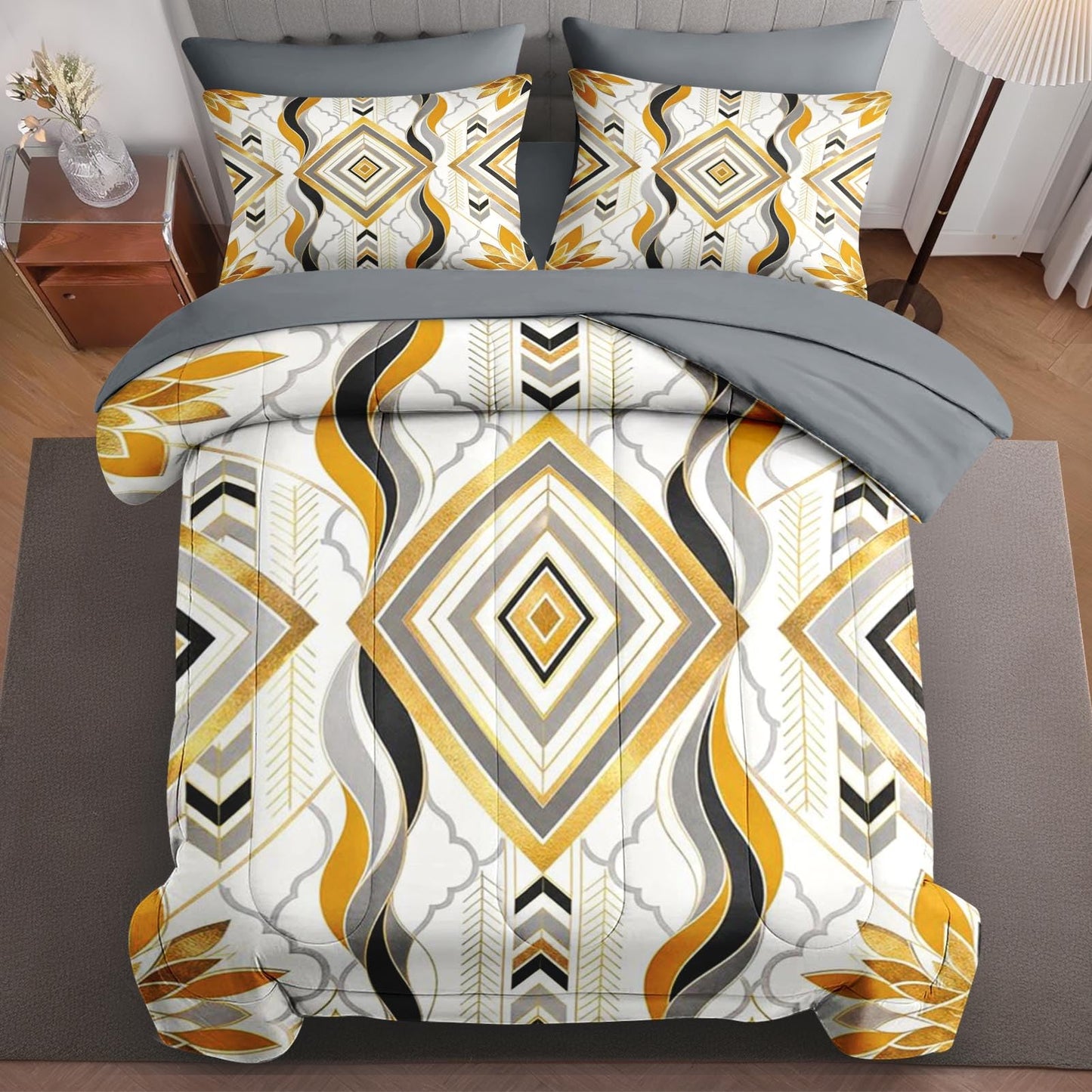 Boewywh Comforter Set Twin Size Geometric Gold Aztec 7 Pcs, Bedding for Kids and Adults, Abstract Modern Bed Sheet Sets with Fitted Sheet 2 Pillowcases & 2 Shams for Bedroom Bed Decor
