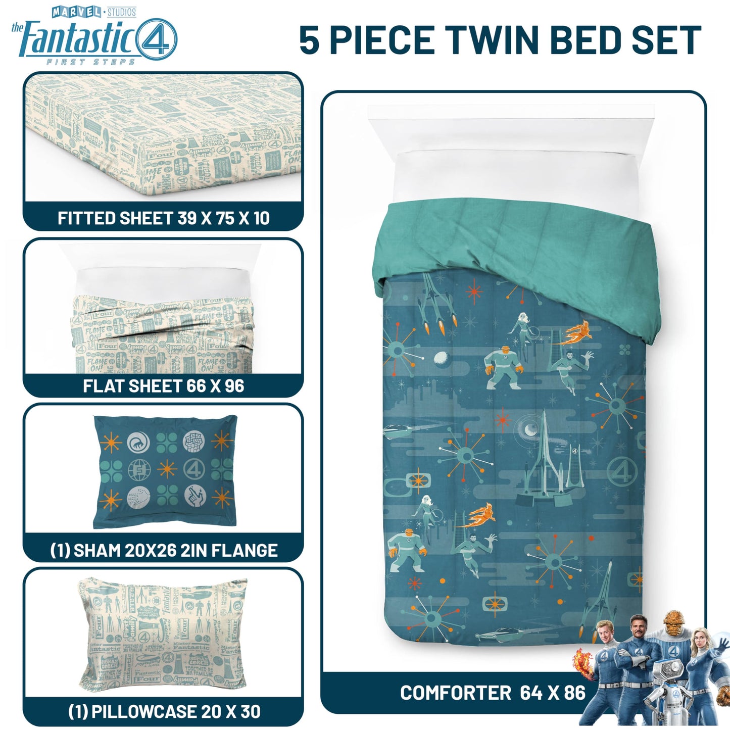 Jay Franco Kids Bed Set, Blue, The Fantastic Four, 5 Piece Twin