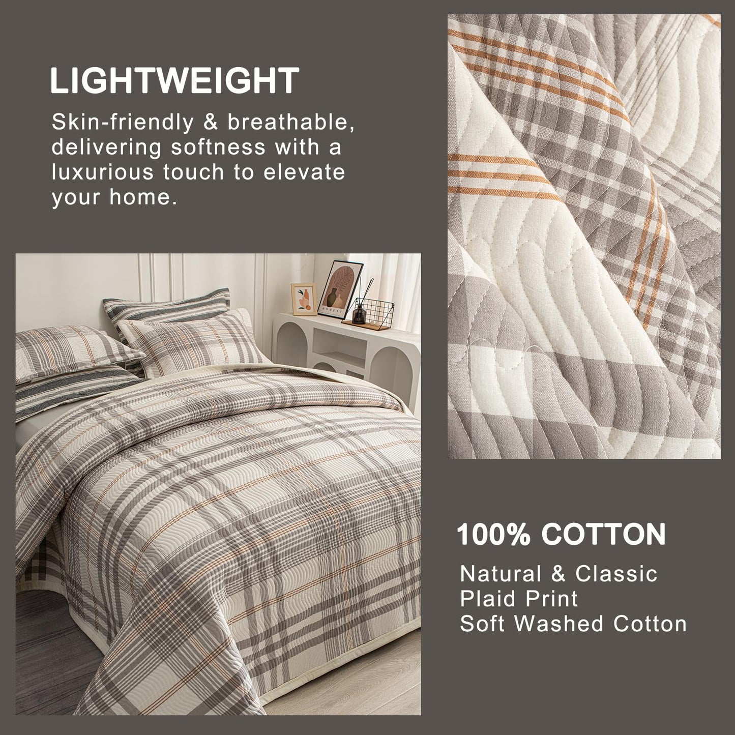 tohrisa Cotton Plaid Quilt Set, Ultra Soft 3 Pieces Queen Size Bedding with 2 Pillow Shams, Lightweight Reversible Coverlet Bedspread with Wave Quilting for Summer, 90"x96", Grid-Grey White