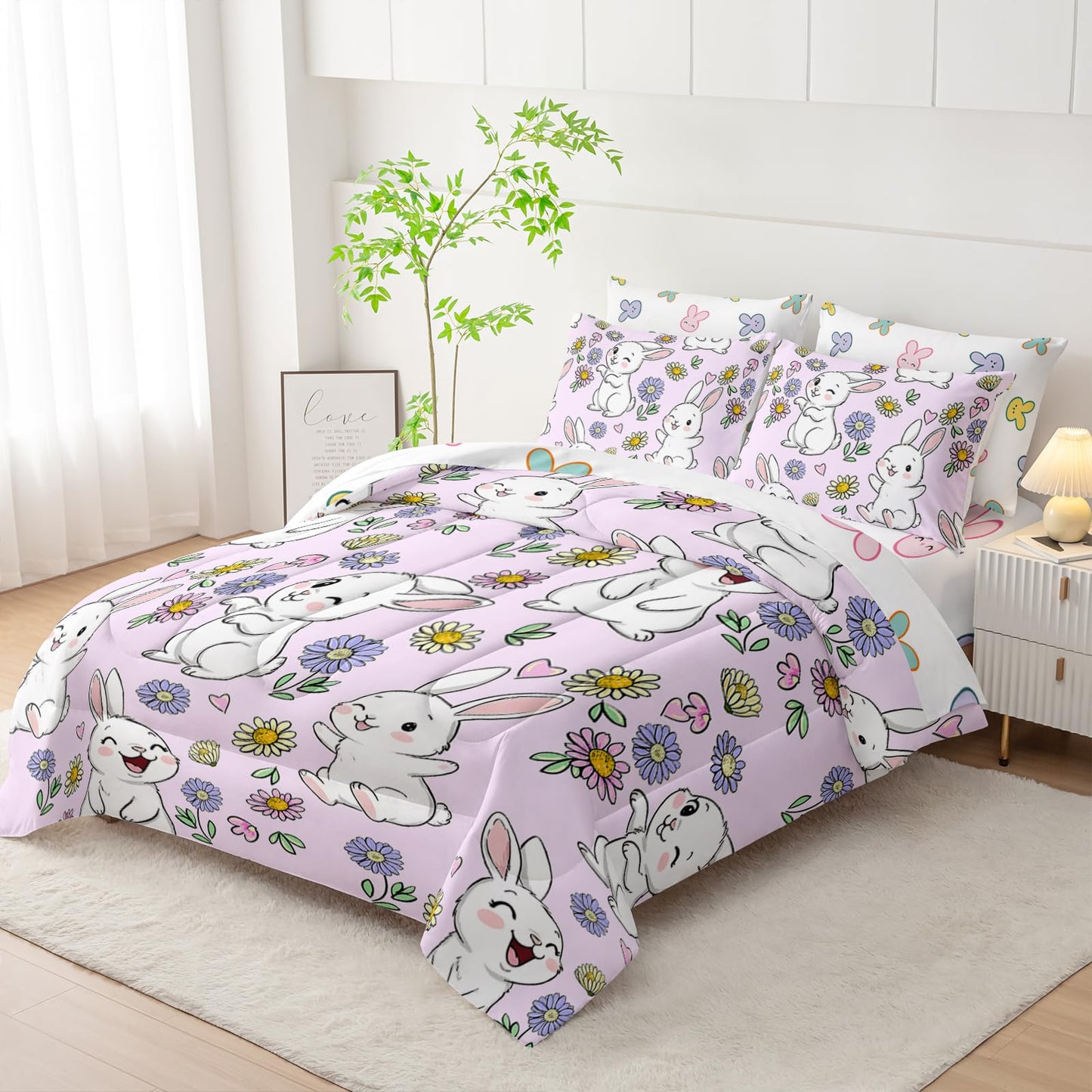 AILONEN Floral Rabbit Comforter Set Twin Size,7-Piece Soft Bed in a Bag, Cute Bunny Kawaii Comforter & Fitted Sheet & Flat Sheet & 2 Pillowcases,2 Pillow Shams