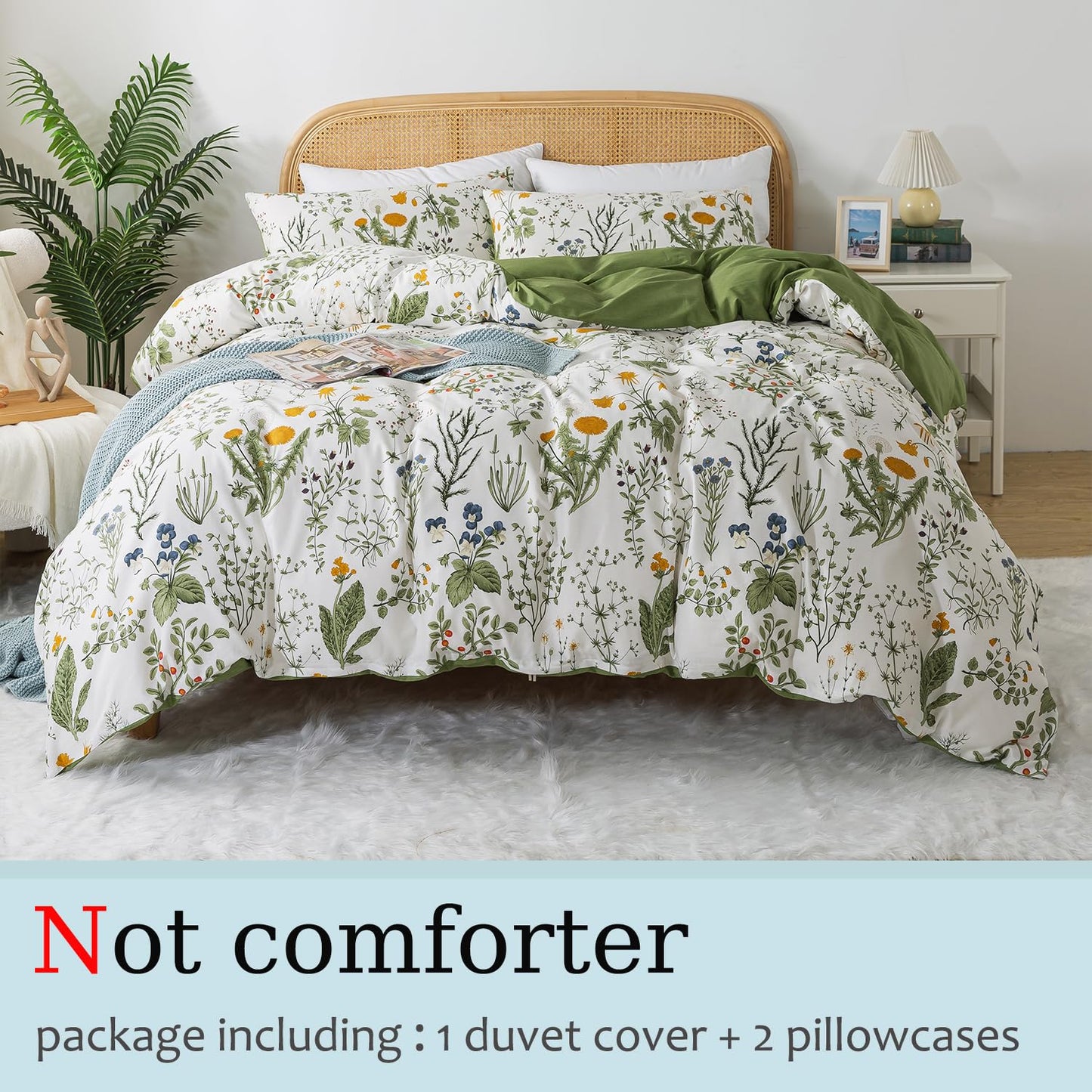 Zusbest Floral Duvet Cover King 100% Percale Cotton Botanical Garden Flower Printed Bedding Reversible Green Yellow Leaves Pattern Comforter Covers French Country Bedding Soft 3Pcs-Not Comforter