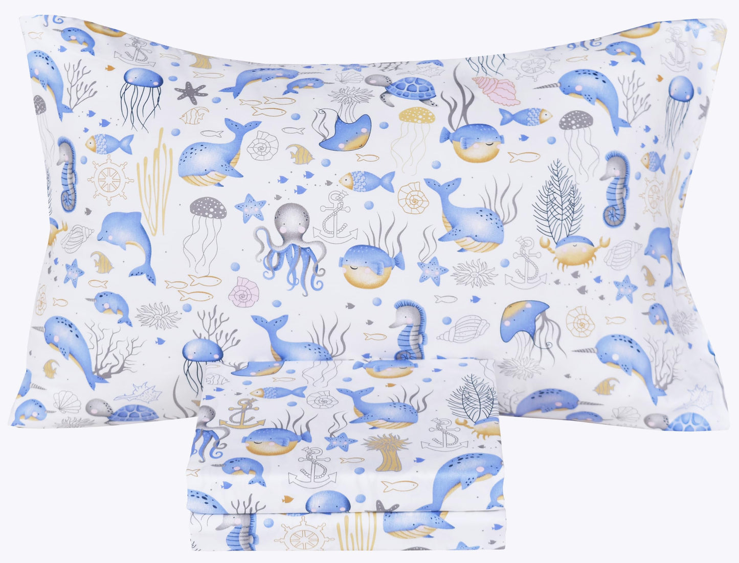 Scientific Sleep Sea Animals Dolphin Whale Octopus Jellyfish Cute Fun 100% Cotton Cozy Twin Bed Sheet Set, Flat Sheet & Fitted Sheet & Pillowcase Natural Bedding Set (Blue Whale, Twin)