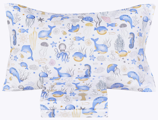 Scientific Sleep Sea Animals Dolphin Whale Octopus Jellyfish Cute Fun 100% Cotton Cozy Twin Bed Sheet Set, Flat Sheet & Fitted Sheet & Pillowcase Natural Bedding Set (Blue Whale, Twin)