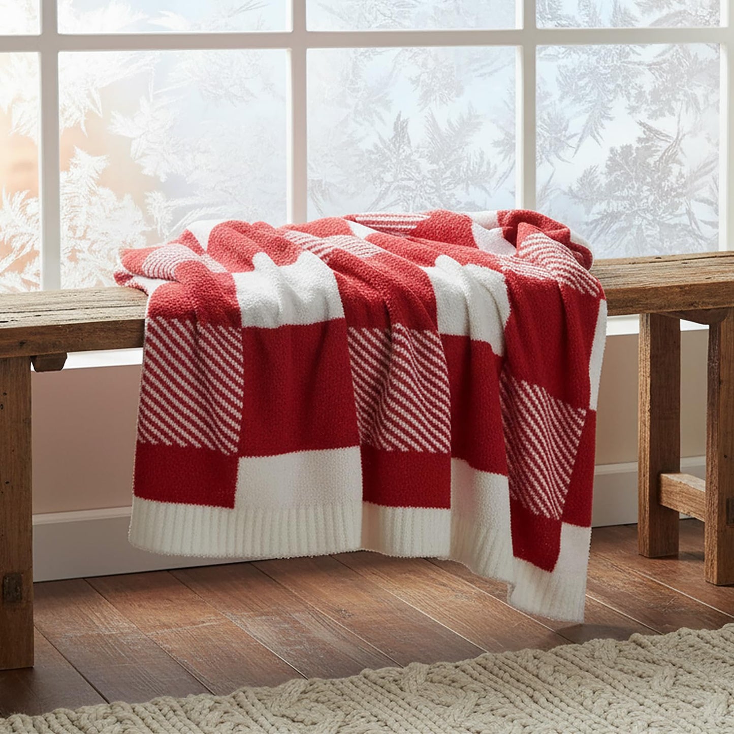 MACEVIA Knit Fuzzy Throw Blanket for Couch 50" x 60" (Checkered Red White)