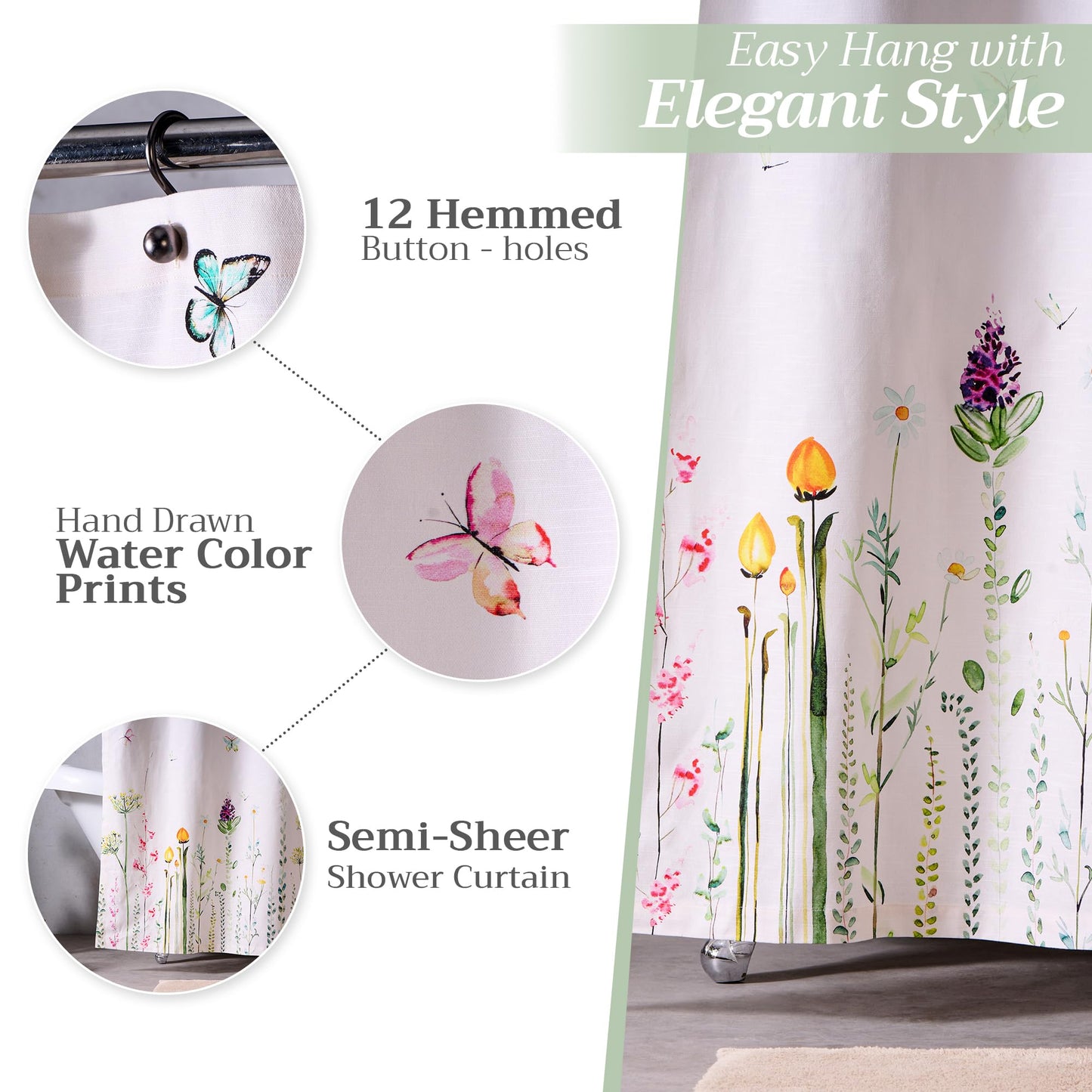 Maison d' Hermine Shower Curtain 100% Cotton One Panel 70"x72" Washable Fabric Shower Curtains for Bathroom, Easy Hanging with 12 Button Holes - Home Hotel Resort Spa Spring Summer - Botanical Fresh