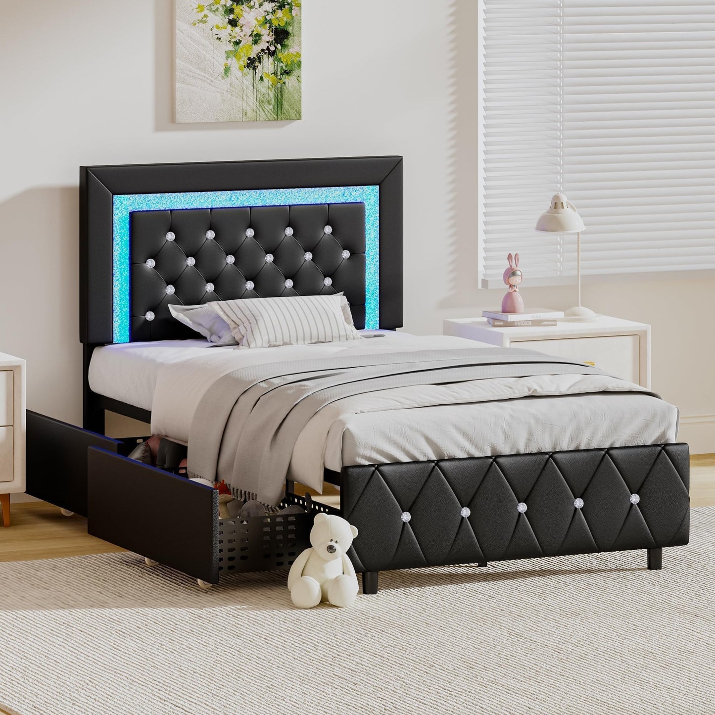 BarnFurin Twin Bed Frames with LED Lights and Storage Drawers, Upholstered Bed Frame with Diamond Headboard, Faux Leather Modern Platform Bed, Wooden Slats Support, No Box Spring Needed, Black