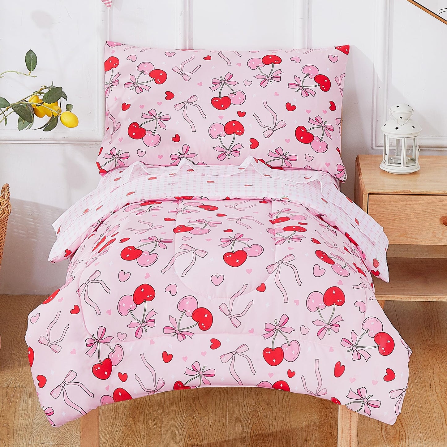 Mooreeke 4 Pieces Toddler Bedding Set - Pink Cherry Bow Toddler Comforter Sets for Girls, Includes Comforter, Flat Sheet, Fitted Sheet and Pillowcase, Bed in A Bag for Baby Bedroom