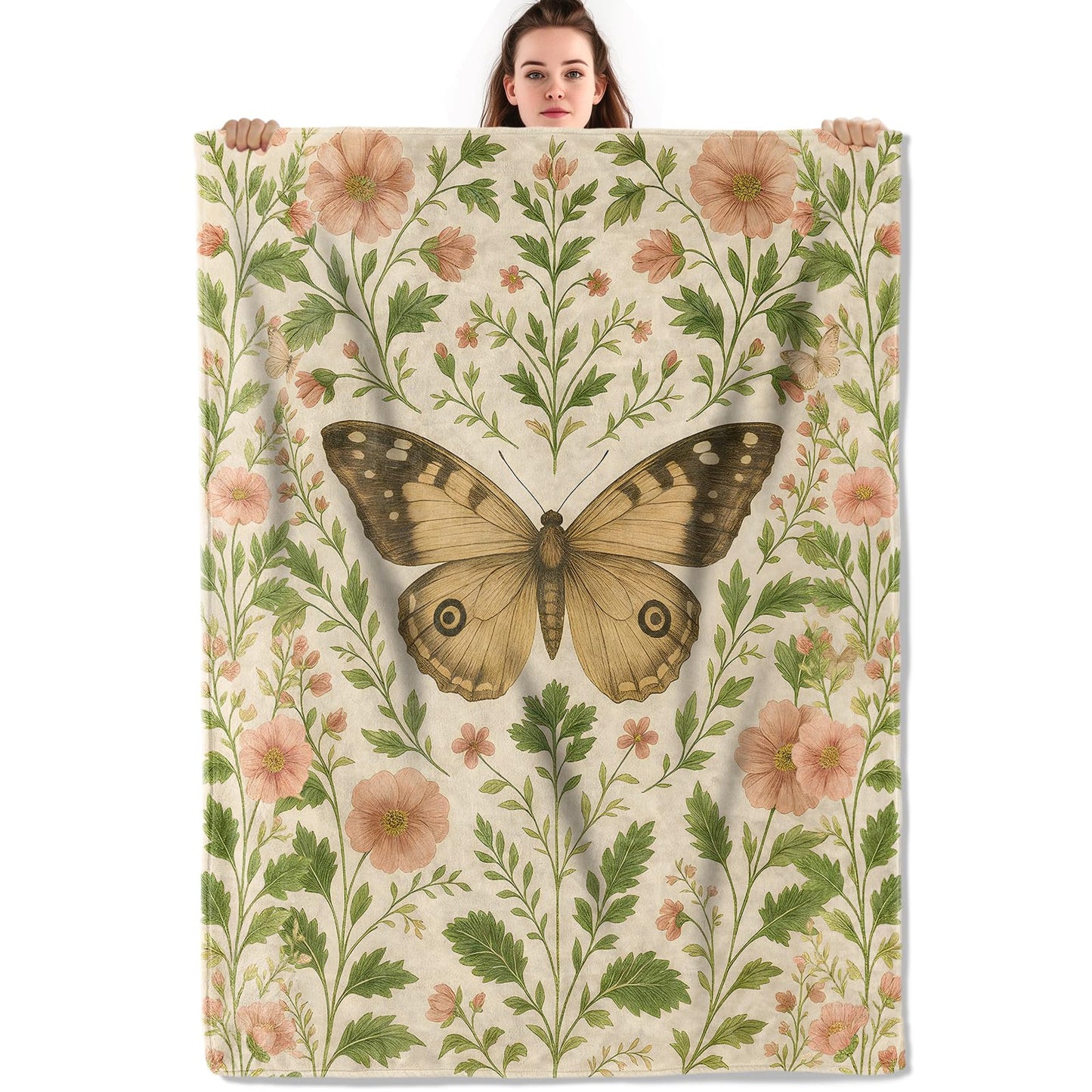 Elegant Butterfly and Floral Throw Blanket, Lightweight Warm Flannel Blankets, Home Decor and Gifts, Soft Cozy Throws for Women Girls Kids, 50"X60" for Bed Couch Travel Office