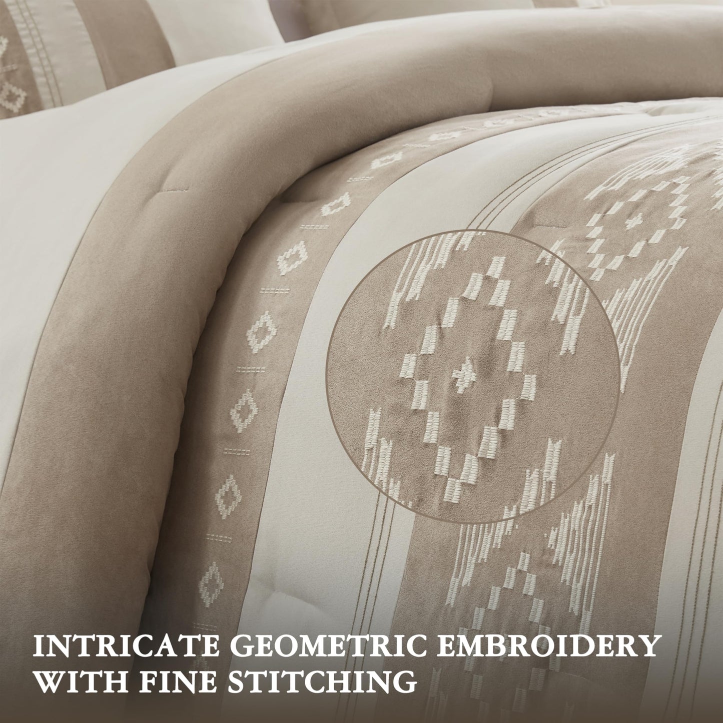Woolrich Queen Comforter Set – Sutherland 5-Piece Microsuede Embroidered Bedding Set with Decorative Pillows, Taupe