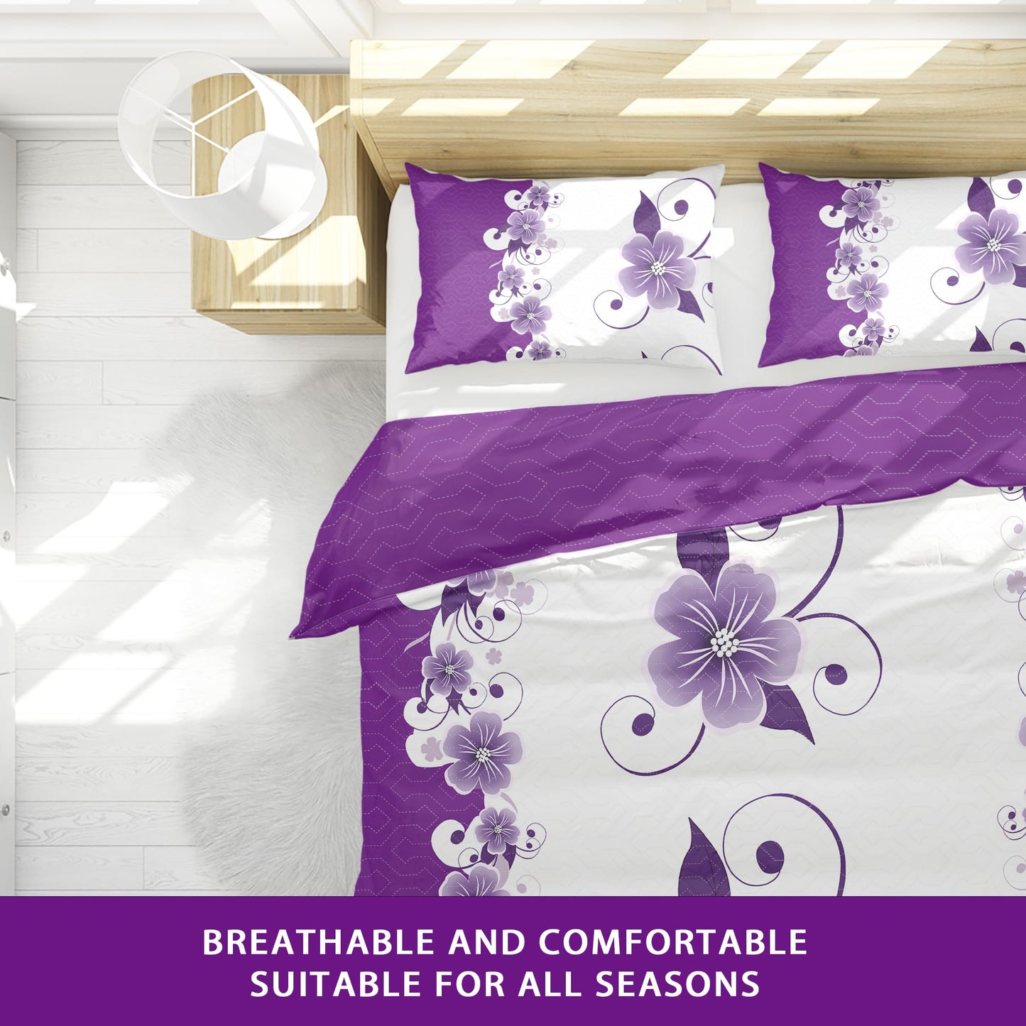 Deepsleep King Bedspread Set 9 Pieces, All Season Luxury Bed in a Bag for Bedroom, with 2 Pillowcases and 6 Curtains, Ultra-Soft Microfiber for Complete Bedroom Decor, Purple Gardenia Flower