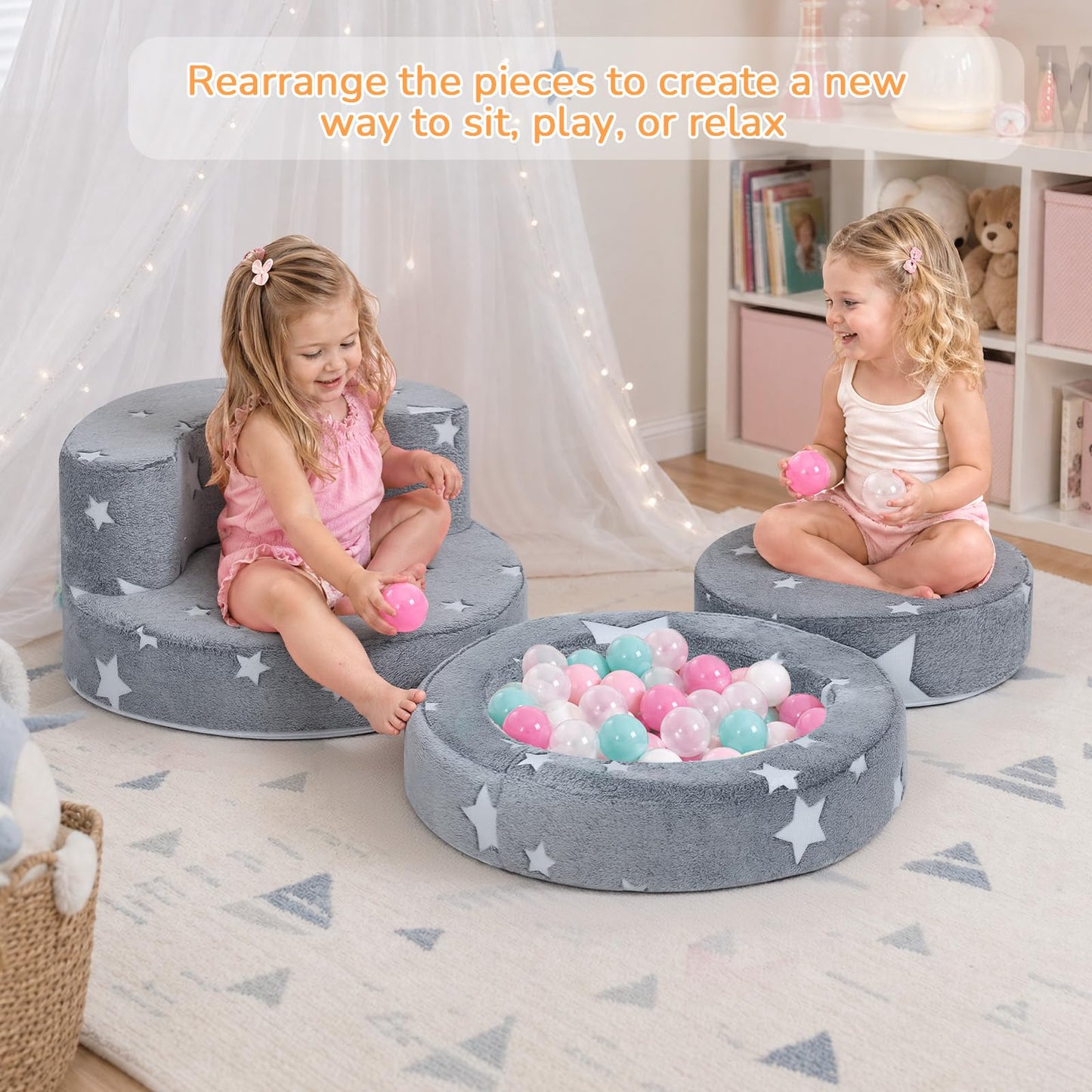 MeMoreCool Star Kids Chair, Flip-Open Kids Couch, Glow Print, Grey