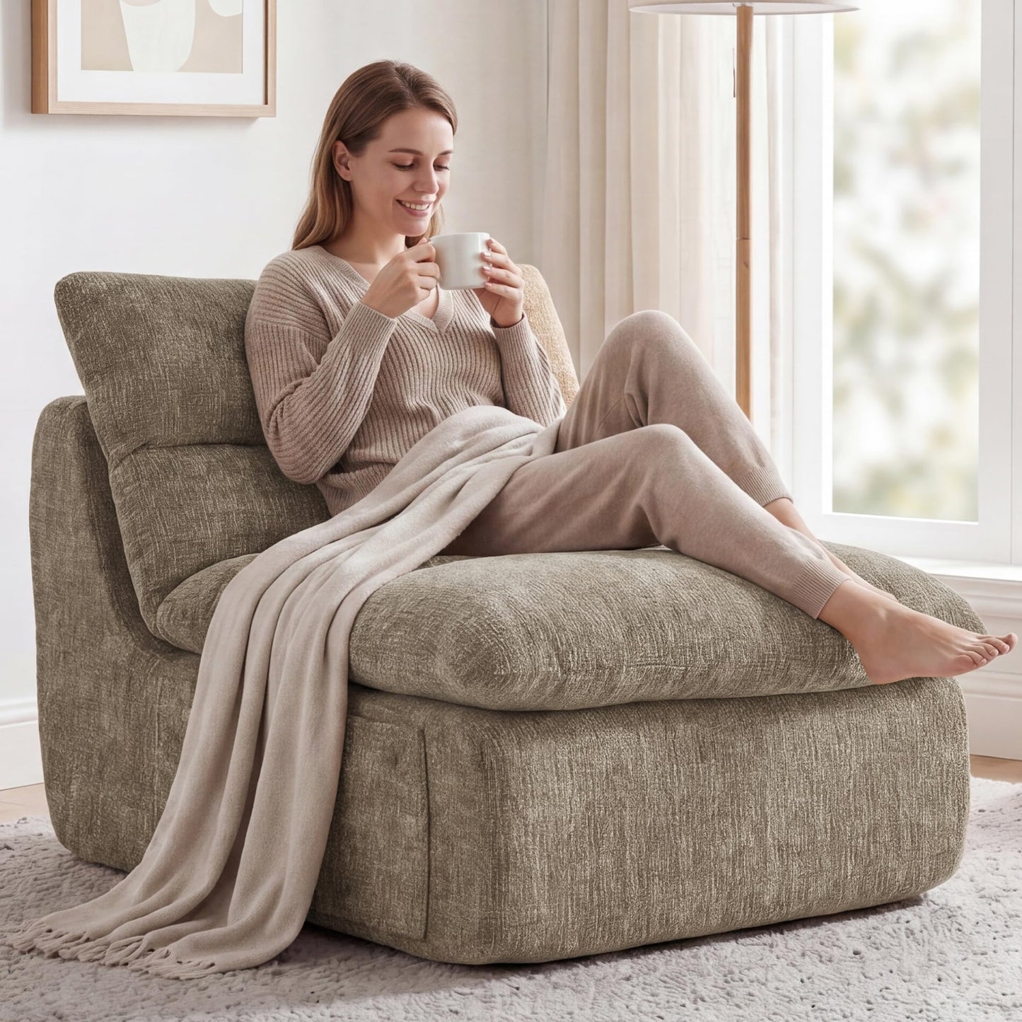 Furnimart High Density Foam Bean Bag Chair for Adults, XXL Boneless Floor Lounger with Ergonomic Back Support, No Sag Compression Foam, No Assembly, Washable Chenille Cover (Taupe)