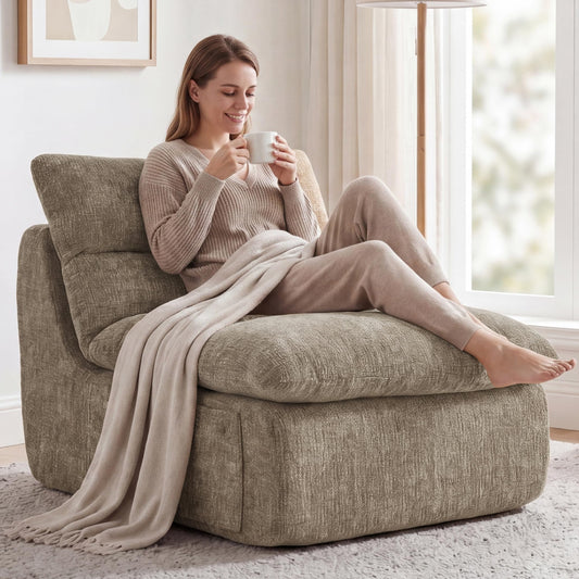 Furnimart High Density Foam Bean Bag Chair for Adults, XXL Boneless Floor Lounger with Ergonomic Back Support, No Sag Compression Foam, No Assembly, Washable Chenille Cover (Taupe)