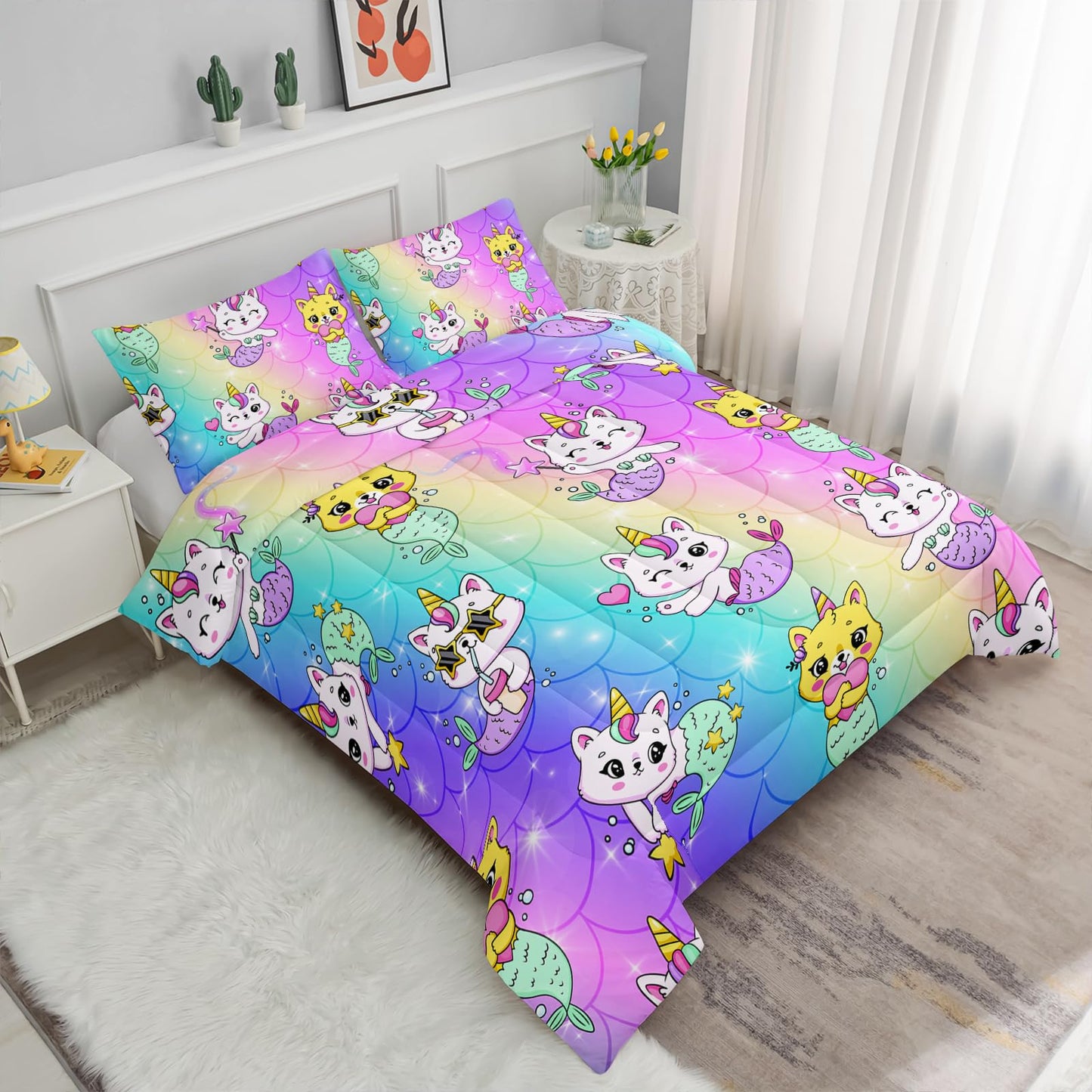 Axolotl Unicorn Cat Bedding Full,Cute Cartoon Cat Comforter Set,Rainbow Mermaid Scales Printed Kids Bedding Set for Girls Kids Adults Teens,Girls Comforter,1 Quilt 2 Pillowcases,Pink Blue Purple