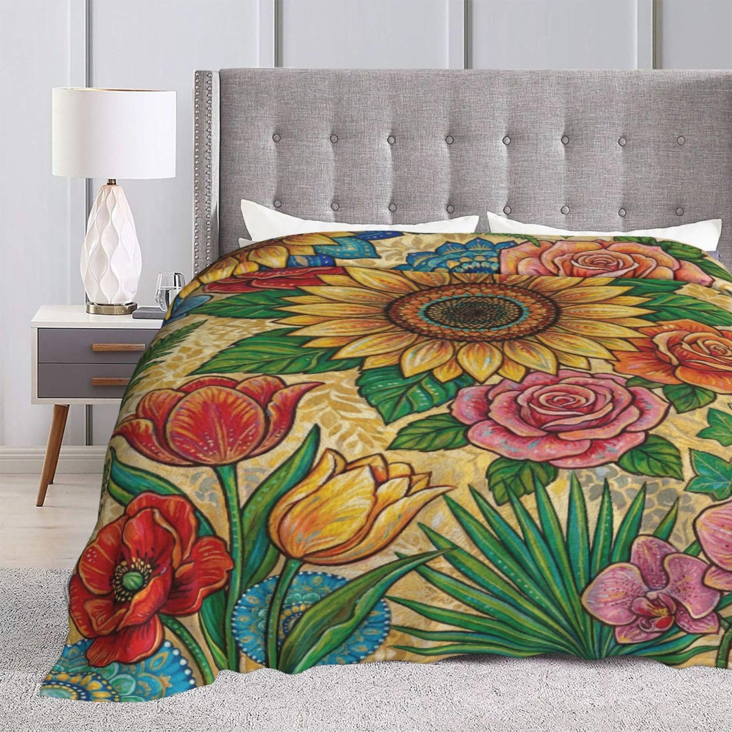 Gbuzozie Sunflowers Flowers Fleece Blanket Lightweight Ultra-Soft Botanic Floral Pattern Throw Blanket for Sofa Couch Bed Camping Travel - Super Soft Cozy Microfiber Blanket 50"X40"