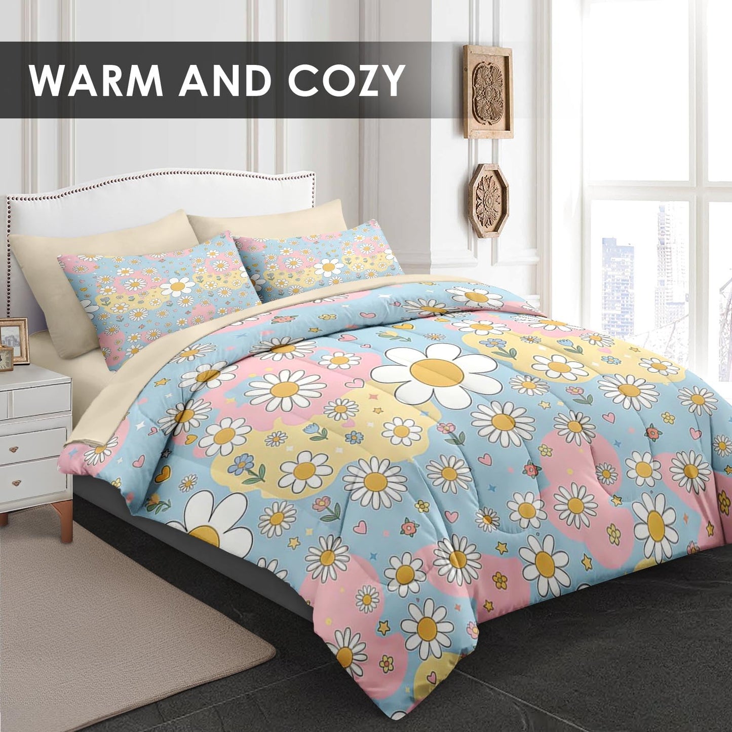 WeCozy 5 Pcs Twin Size Comforter Set with Pillowcase & Sham, Daisy Floral Bedding Set for Kids and Adults, Retro Hippie Whimsical Bed in a Bag with Flat Sheet and Fitted Sheet