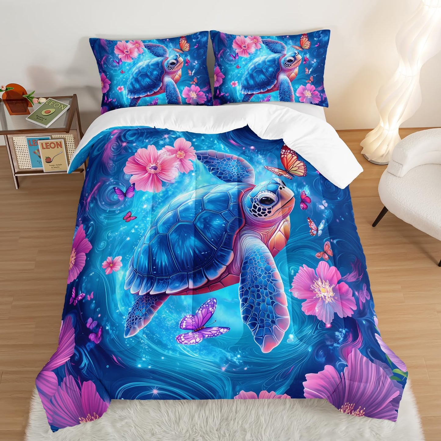 UEVBF Blue Coastal Bedding Sea Turtle Comforter Set Queen Size,Pink Flowers and Butterflies Pattern Bed Sets for Toddler Kids Girls Room Decor,Ocean Themed Bedding Sets with 2 Pillowcases.