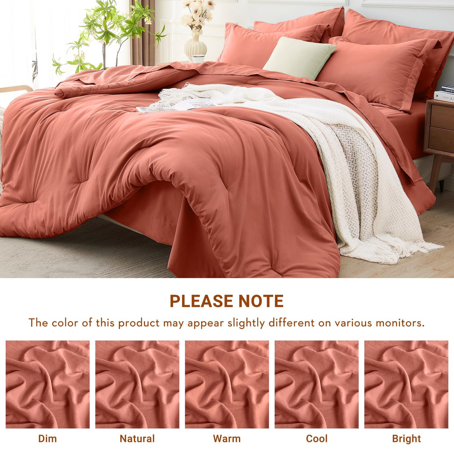 MUXHOMO 7 Pieces King Comforter Set, Soft Bed in a Bag King Size, All Season Bedding Set with Comforter, Flat Sheet, Fitted Sheet, Pillowcases & Shams, Coral Red