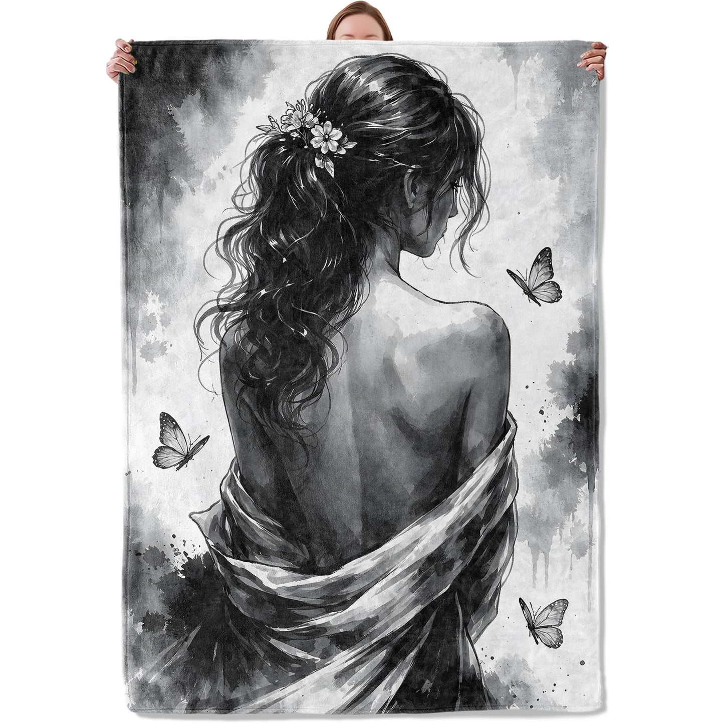 Elegant Woman Blanket Gifts for Women Girls Kids, Soft Warm Lightweight Black White Butterfly Art Throw Blankets for Living Room Sofa Home Bedroom Decor 50" x 60"