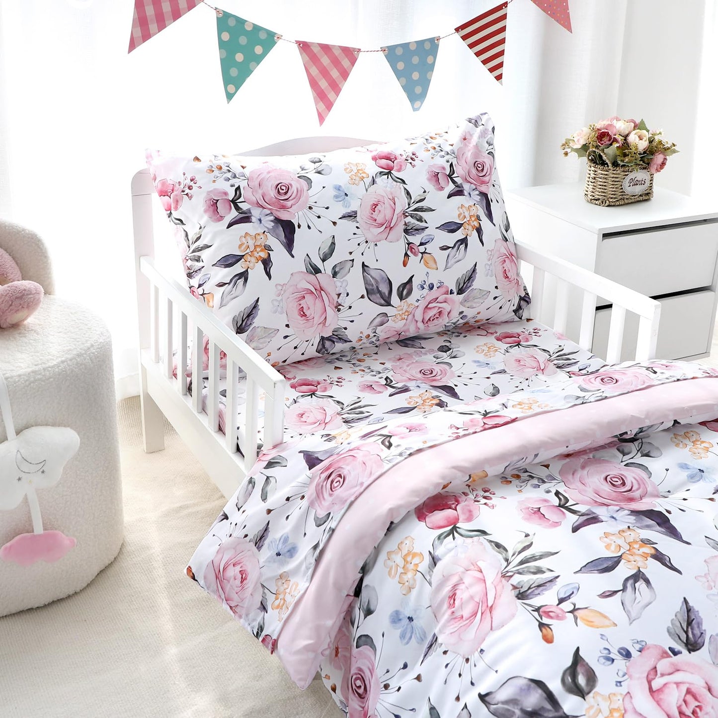 Pea Pod Toddler Bedding Set for Girls, 4 Piece Soft & Breathable Floral Crib Bedding Set, Bed-in-A-Bag Toddler Microfiber Sheet Set, Includes Comforter, Flat Sheet, Fitted Sheet, Pillowcase, Pink