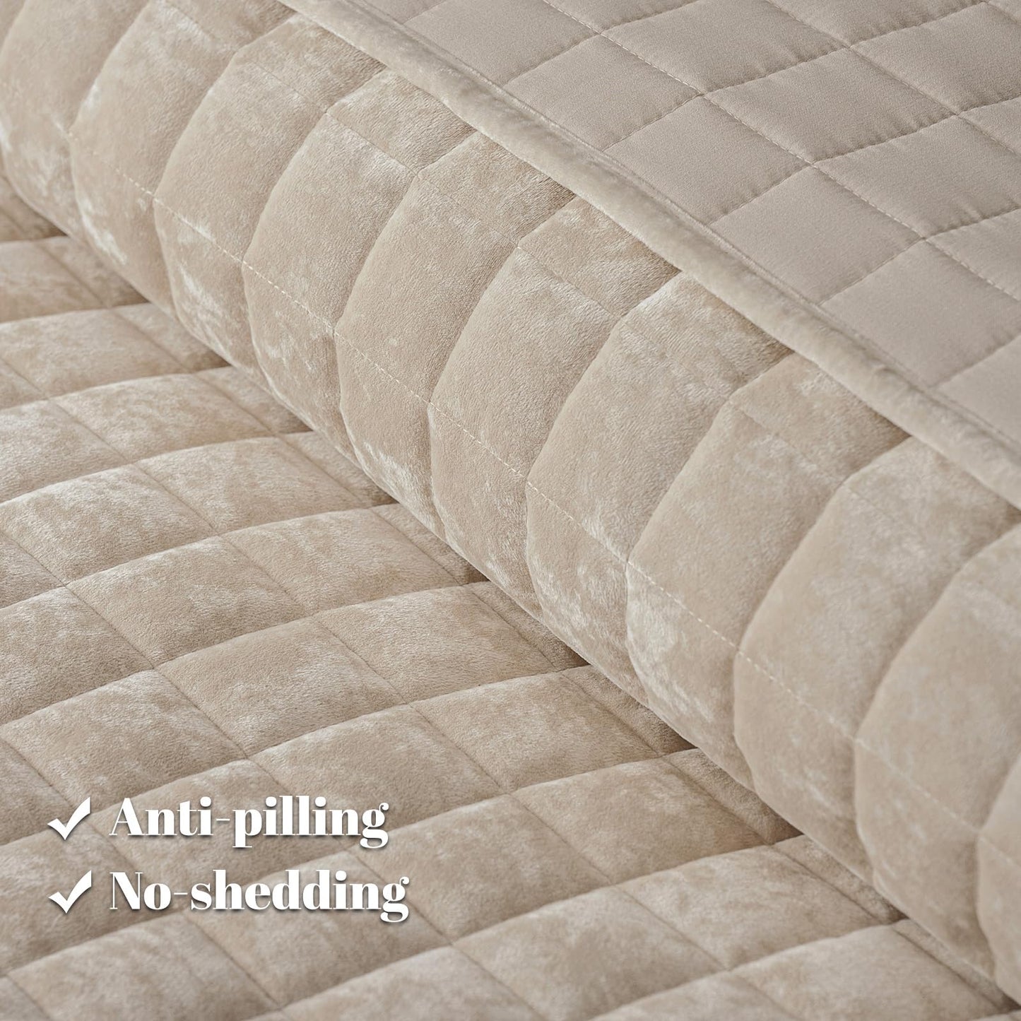 PHF Luxurious Velvet Quilt Set Queen Size – 3PCS Super Soft Quilted Comforter Alternative with Square-Box Quilt Pattern, Warm Quilted Bedspread Coverlet, 90" x 92", Oxford Tan