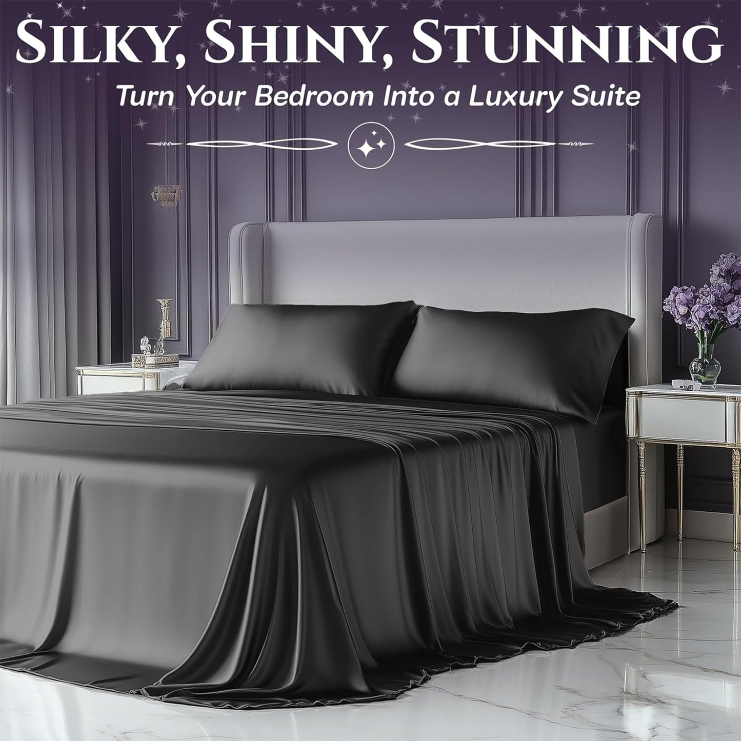 SLEEP SANCTUARY Satin Sheets Queen Size – 4 Piece Luxury Silky Bed Set, Softer Than Silk, 15" Deep Pocket, Cooling & Wrinkle-Free, Moisture-Wicking & Breathable for Hair & Skin (Stone Grey)