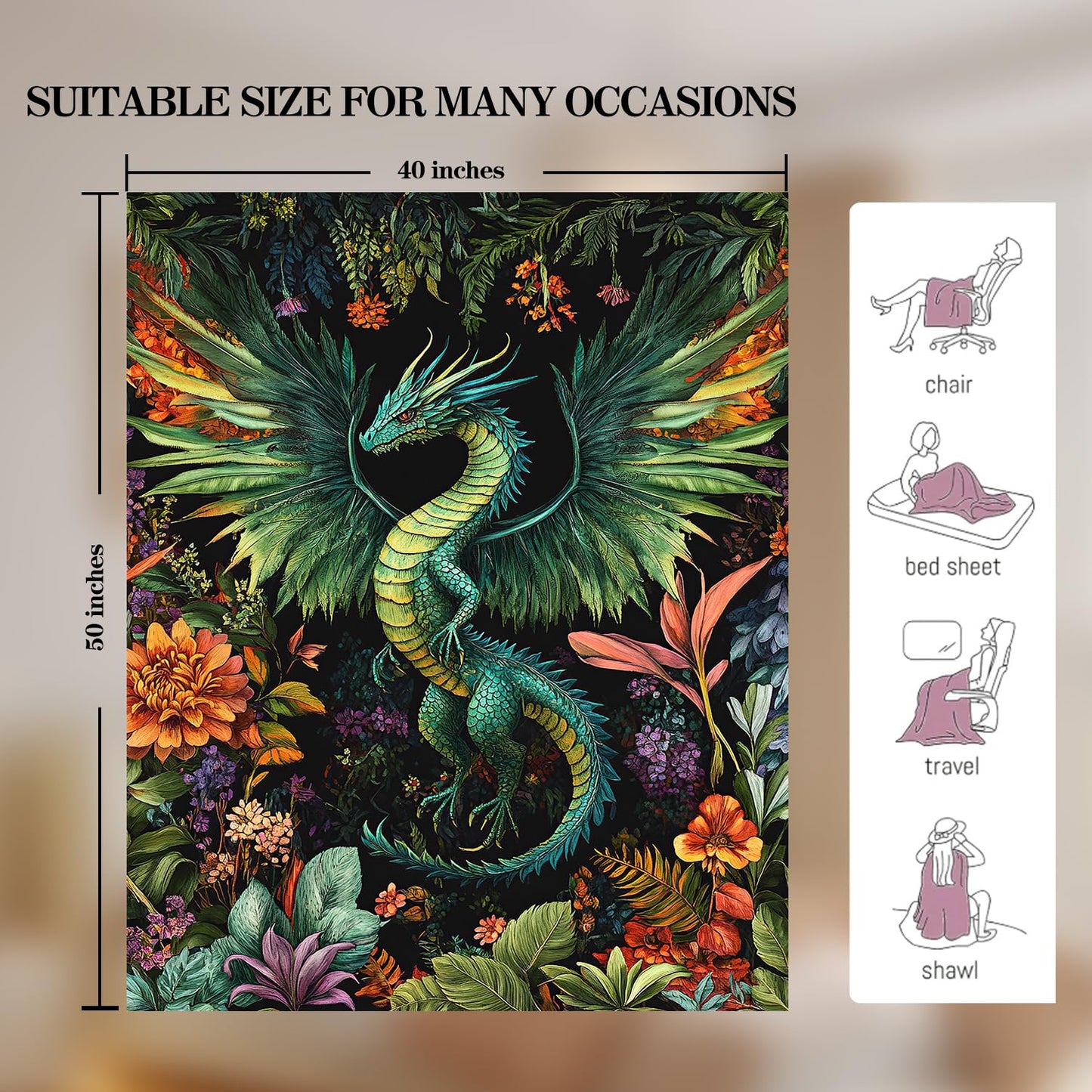Dragon Blanket Dragon Decor Cozy Animal Throw Super Soft Plush Flannel Fleece Blanket Gift for Kids Adults Men Women Ultra Warm & Lightweight Flannel, 50"X40"