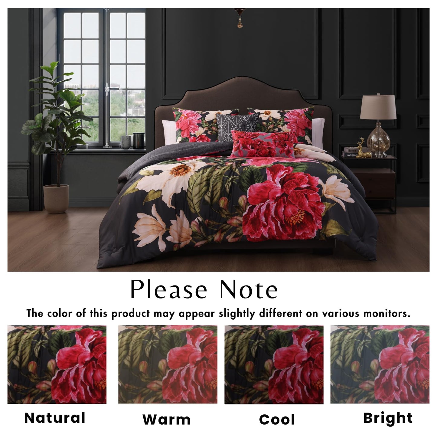 Bebejan Flower Garland 5 Piece Comforter Set, 100% Cotton Sateen, 220 Thread Count, Grey Reversible Bedding Comforter Set, 1 Comforter, 2 Shams & 2 Pillows (King/Cal King)