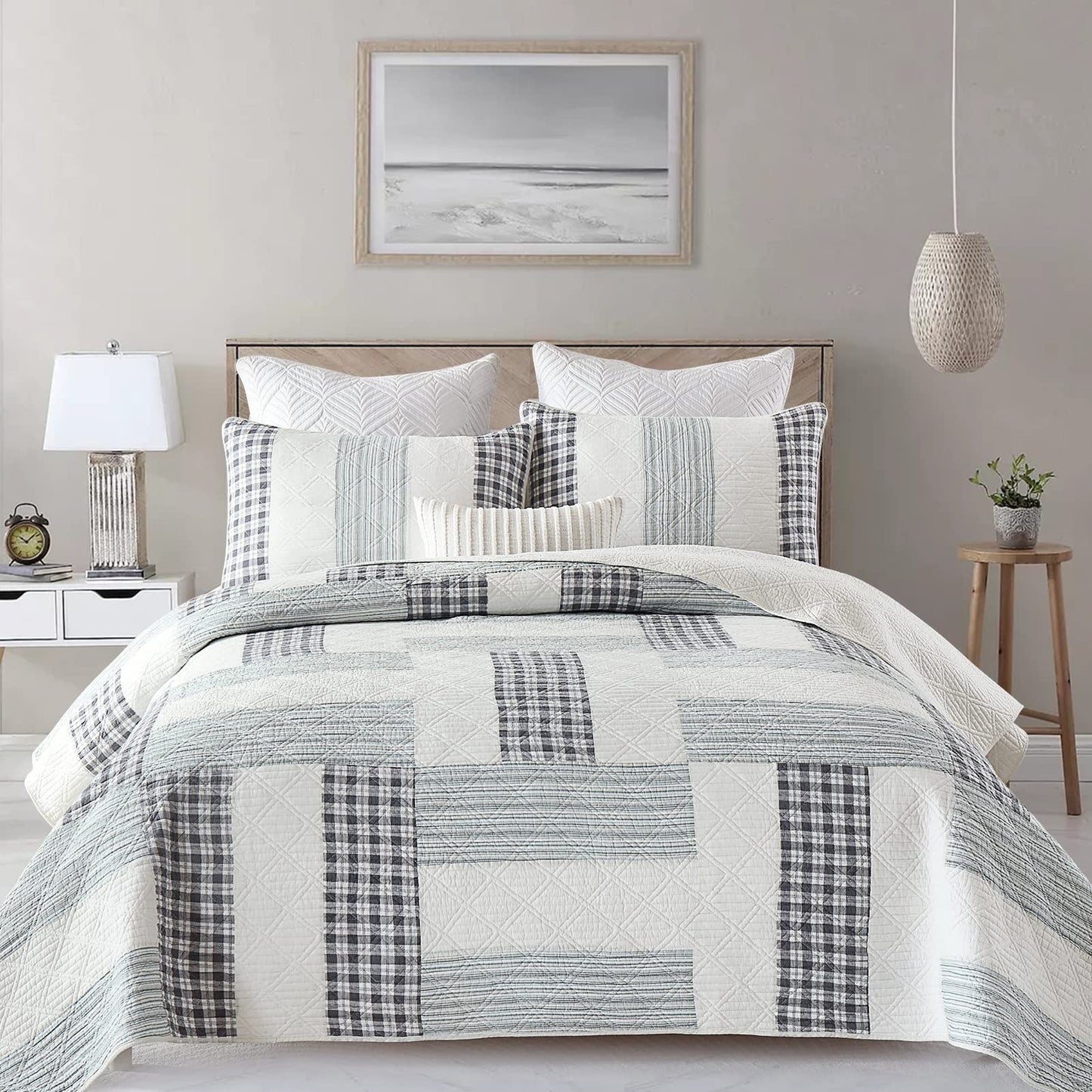 Finlonte Quilt King Size 100% Cotton Lightweight Soft King Quilt Real Patchwork Plaid Quilted Bedspread Black Gray White Quilt Bedding Set 3 Pieces