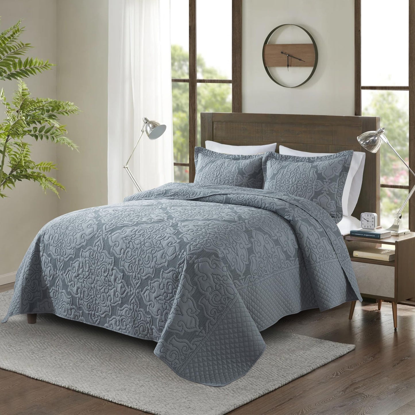 NEWLAKE Reversible Quilt Bedspread Embroidered Microfiber Coverlet Set,Jacquard Embossed Floral,Grey, Queen Size