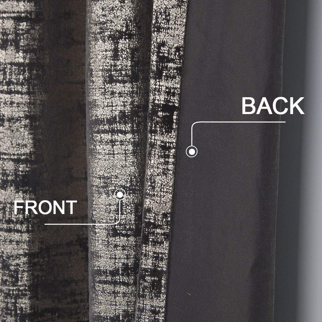 always4u Soft Velvet Curtains 108 Inch Length Long Luxury Bedroom Curtains Gold Foil Print Window Treatments for Living Room Set of 2 Charcoal Grey