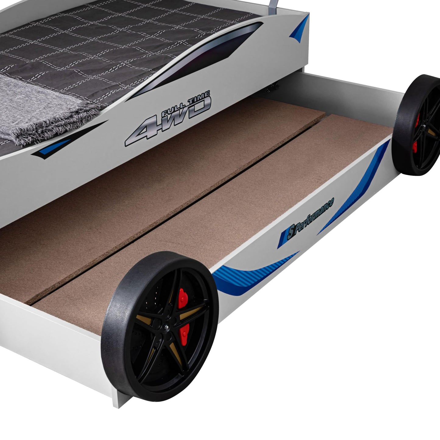 Furniture of America Redvers Modern Wood Twin-Size Kid Bed with Race Car Design and Pull-Out Trundle, No Box Spring Required for Toddler, Teens, Boys or Girls, White