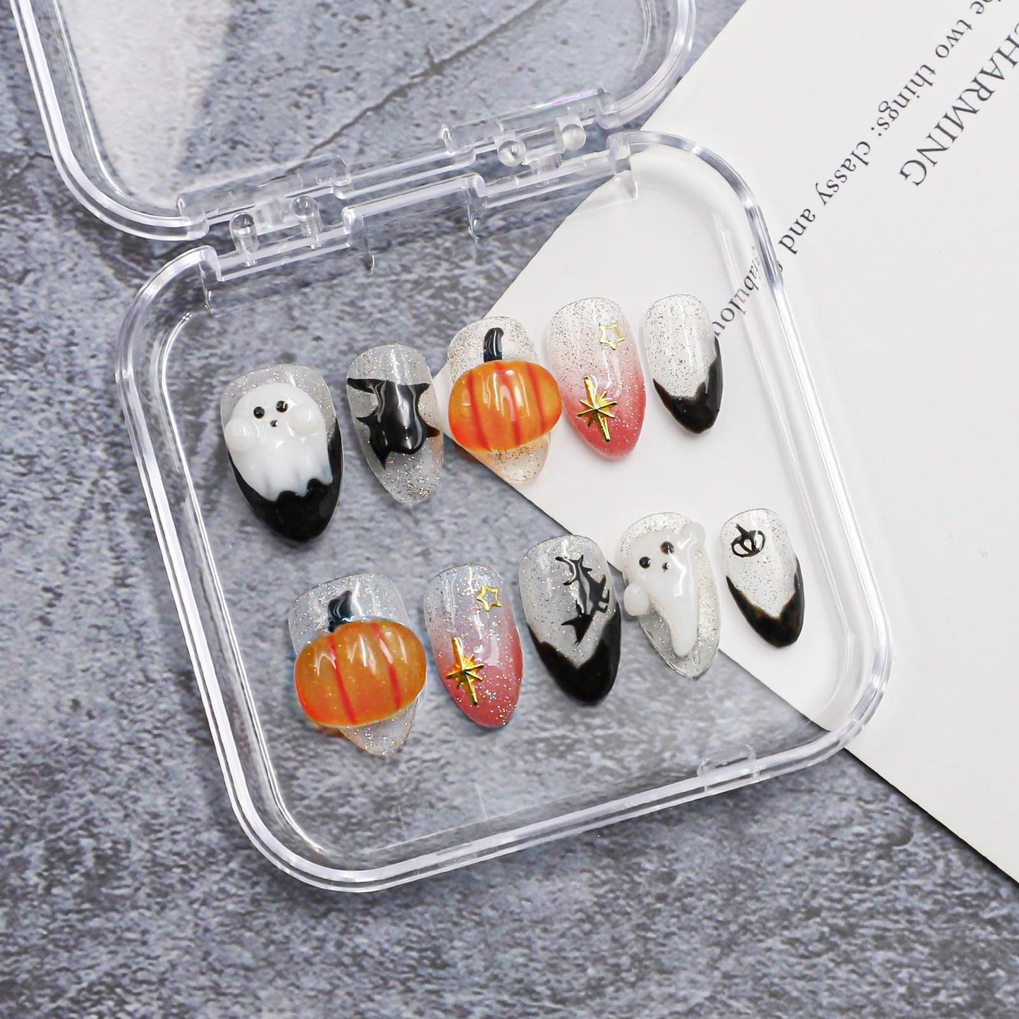 Halloween Press on Nails Handmade 3D Cute Little Ghost & Pumpkin Fake Nails Design Muti-Layer Gel Acrylic Nail Glitter Stick on Nails Full Cover Short Almond Black French False Nail for Women (Size M)