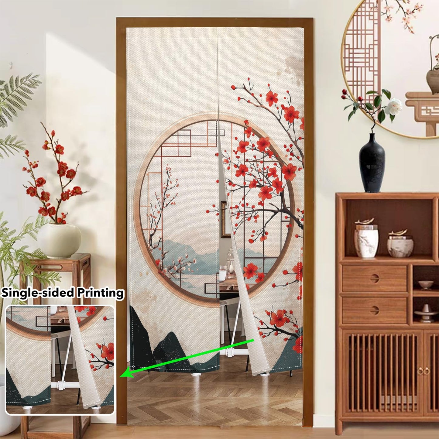 Leowefowa Japanese Noren Curtain Doorway Window Red Blossom Printed Treatment Feng Shui Long Curtain Doorway Tapestry Panel for Room Divider Kitchen Home Chinese Decor (Kahki, Mount), 33.5"x 70.9"