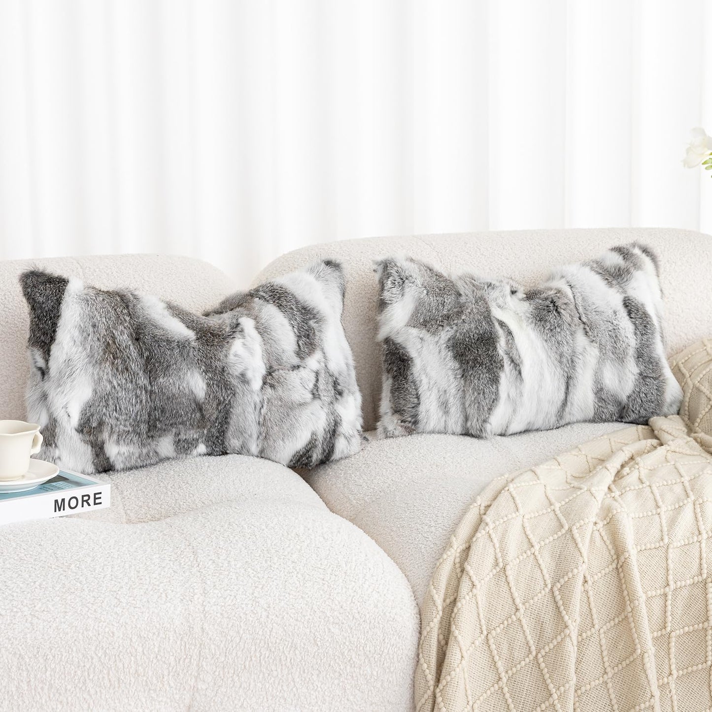 ROSE FEATHER Genuine Rabbit Fur Pillow Covers Set of 2, Luxury Decorative Throw Pillowcases Fluffy Animal Skin Accents Bolster Cushion Cover for Couch Sofa Bedroom Living Room Home,12x20inch, Grey