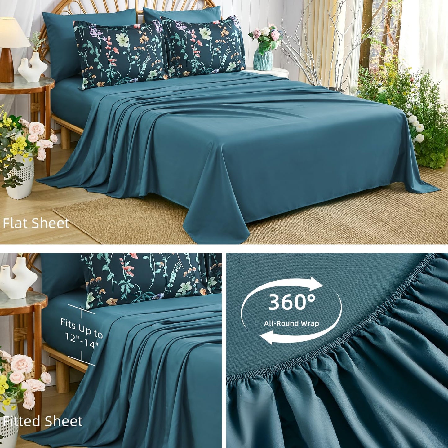 DJY Floral Comforter Set King Size,Peacock Blue Botanical Bedding Comforter Sets,7 Pieces Bed in a Bag Lightweight Microfiber Comforter Set with Sheets Pillowcases & Shams for All Seasons