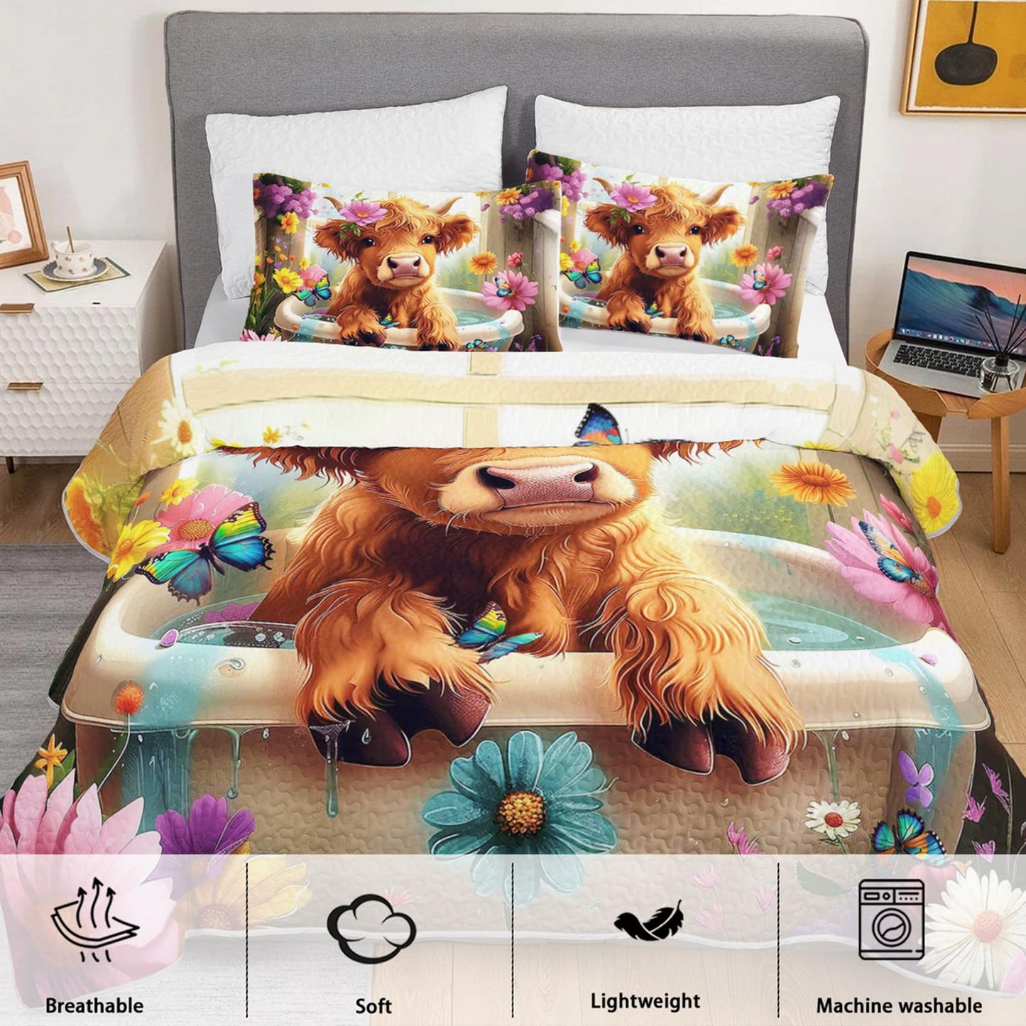 XYNHML Kawaii Farmhouse Cow Quilts Bedding Twin 3Pcs Western Funny Animal Highland Cattle Quilt Bed Set Lightweight Soft Bedspreads Coverlet with 2 Pillowcases for Kid Boy Girl Teen Adult Bed Decor