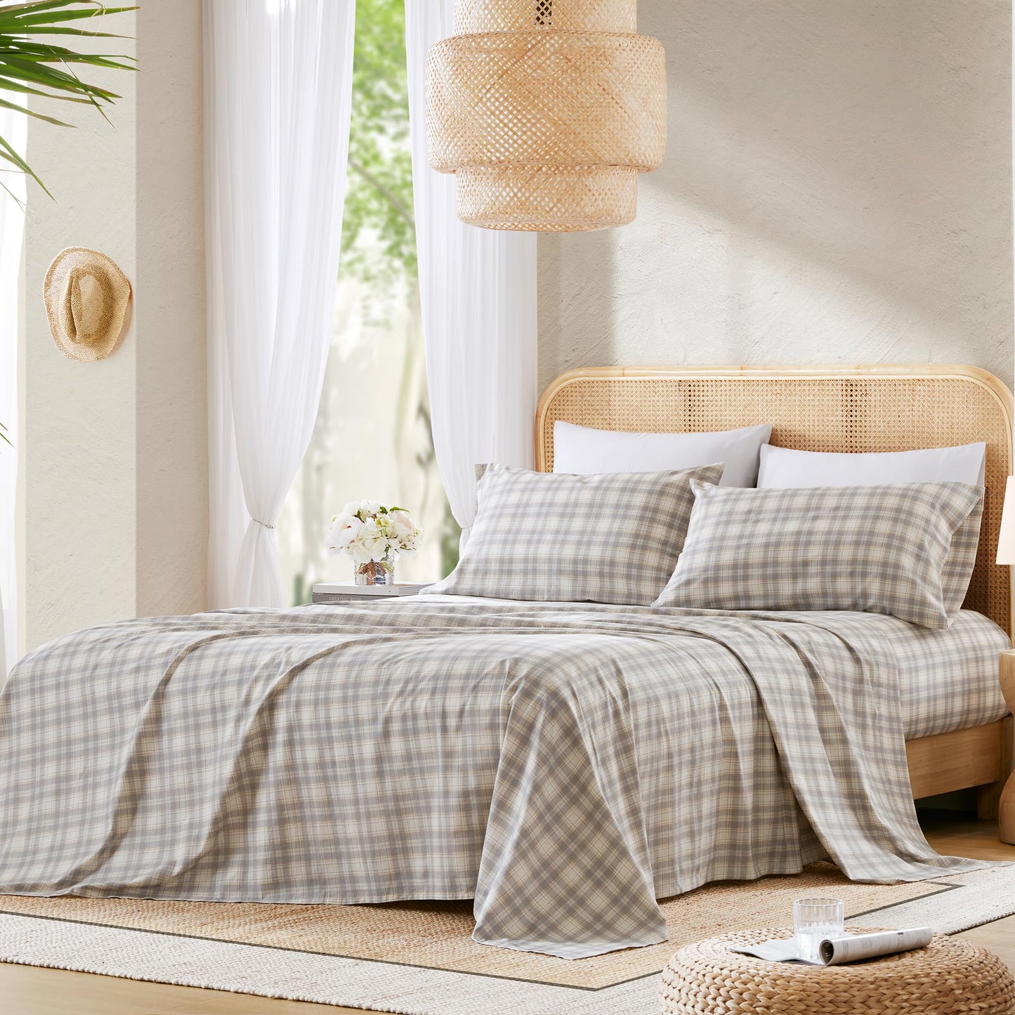 Comfort Spaces 100% Cotton Sheets Cal King, Breathable, Naturally Cool Cotton Sheets, Cotton Bed Sheets with 14" Elastic Pocket Fits up to 16" Mattress, All Seasons Sheet Set, Wesley Taupe 4 Piece