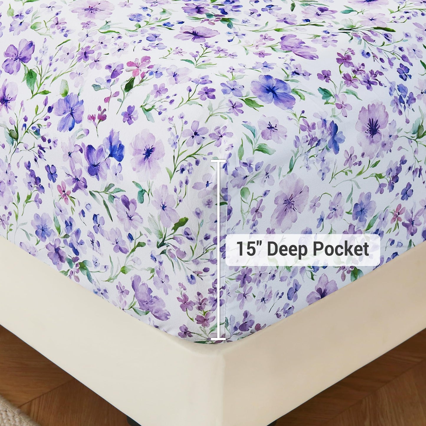 Viviland Floral Queen Sheet Set - 4 Piece Vintage Lavender Flower and Leaves Patterned Bed Sheets - Soft, Breathable Microfiber Sheets with Deep Pocket, Non-Slip Fitted Sheets & Pillowcases