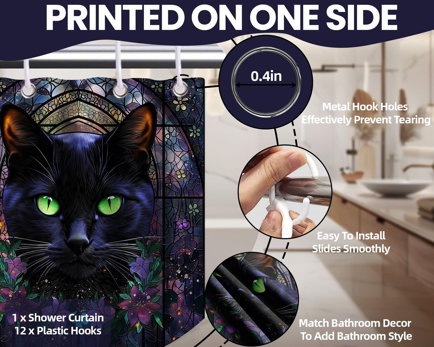 DLTAY Black Cat Witchy Shower Curtain, 70" W x 72" L