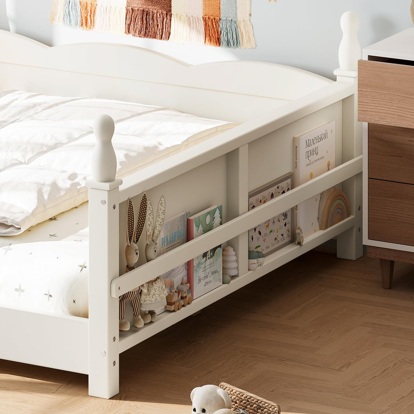 KEIKI Full Size Wood Montessori Floor Bed Frame with Beside Book Shelf, for Girls and Boys, Floor Bed with Full-Length Guardrails & Slats, Easy Assembly, No Box Spring Required, for Bedroom, Beige